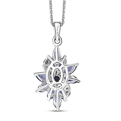 Premium Tanzanite and AAA Paraiba Tourmaline 1.82 ctw Floral Pendant Necklace in Rhodium Over Sterling Silver 20 Inches