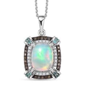 Premium Ethiopian Welo Opal, AAA Paraiba Tourmaline, Natural Champagne and White Diamond 2.30 ctw Pendant Necklace in Rhodium Over Sterling Silver 20 Inches