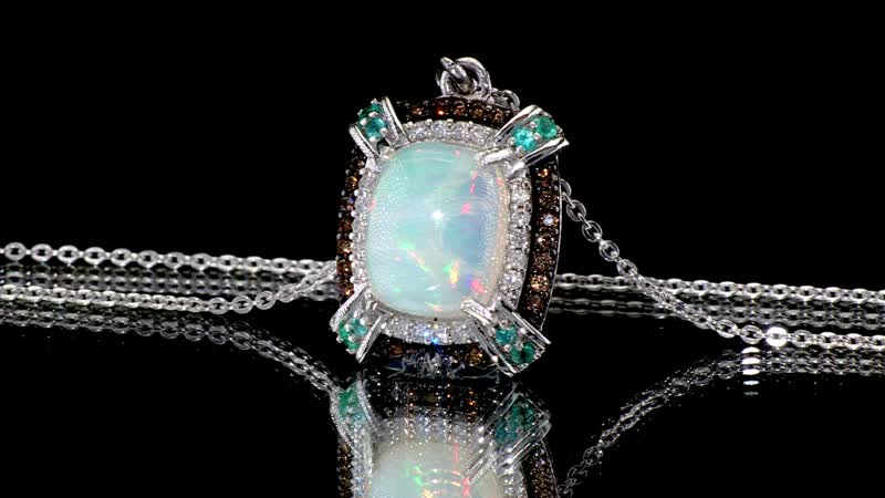 Premium Ethiopian Welo Opal, AAA Paraiba Tourmaline, Natural Champagne and White Diamond 2.30 ctw Pendant Necklace in Rhodium Over Sterling Silver 20 Inches