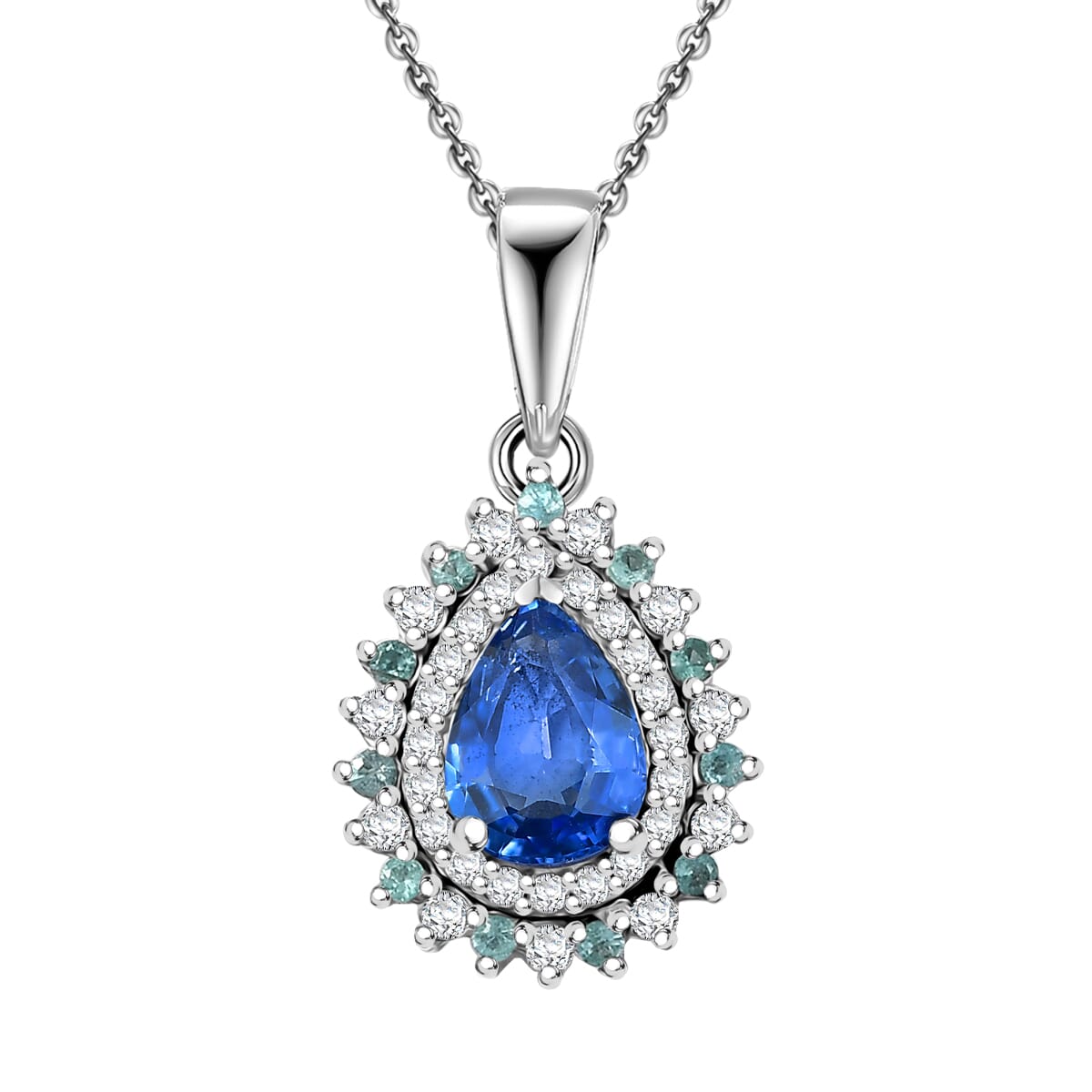 Premium Ceylon Blue Sapphire, AAA Paraiba Tourmaline and Diamond 1.17 ctw Pendant Necklace in Rhodium Over Sterling Silver 20 Inches (Del. In 12-15 Days) image number 0