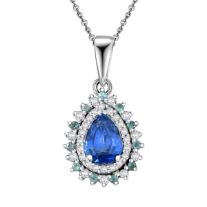 Premium Ceylon Blue Sapphire, AAA Paraiba Tourmaline and Diamond 1.17 ctw Pendant Necklace in Rhodium Over Sterling Silver 20 Inches