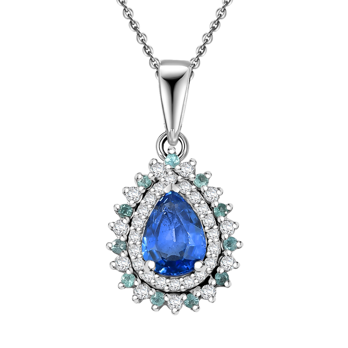 Premium Ceylon Blue Sapphire, AAA Paraiba Tourmaline and Diamond 1.17 ctw Pendant Necklace in Rhodium Over Sterling Silver 20 Inches