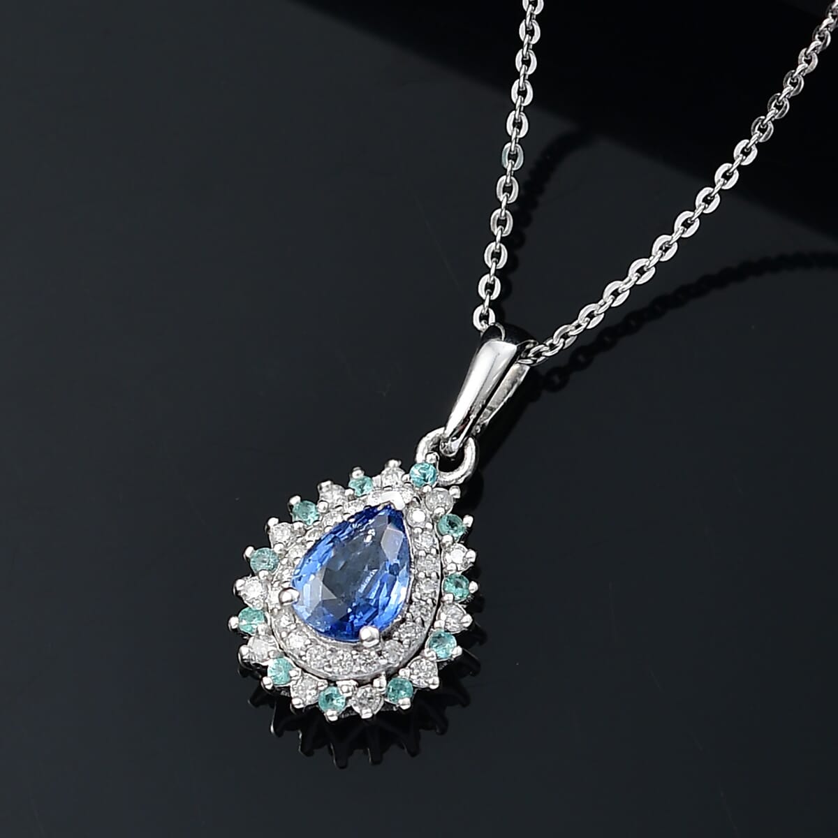 Premium Ceylon Blue Sapphire, AAA Paraiba Tourmaline and Diamond 1.17 ctw Pendant Necklace in Rhodium Over Sterling Silver 20 Inches (Del. In 12-15 Days) image number 1