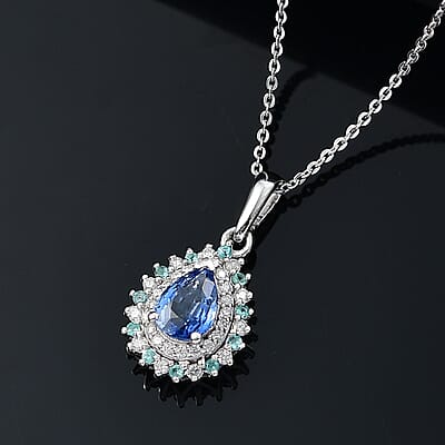 Premium Ceylon Blue Sapphire, AAA Paraiba Tourmaline and Diamond 1.17 ctw Pendant Necklace in Rhodium Over Sterling Silver 20 Inches