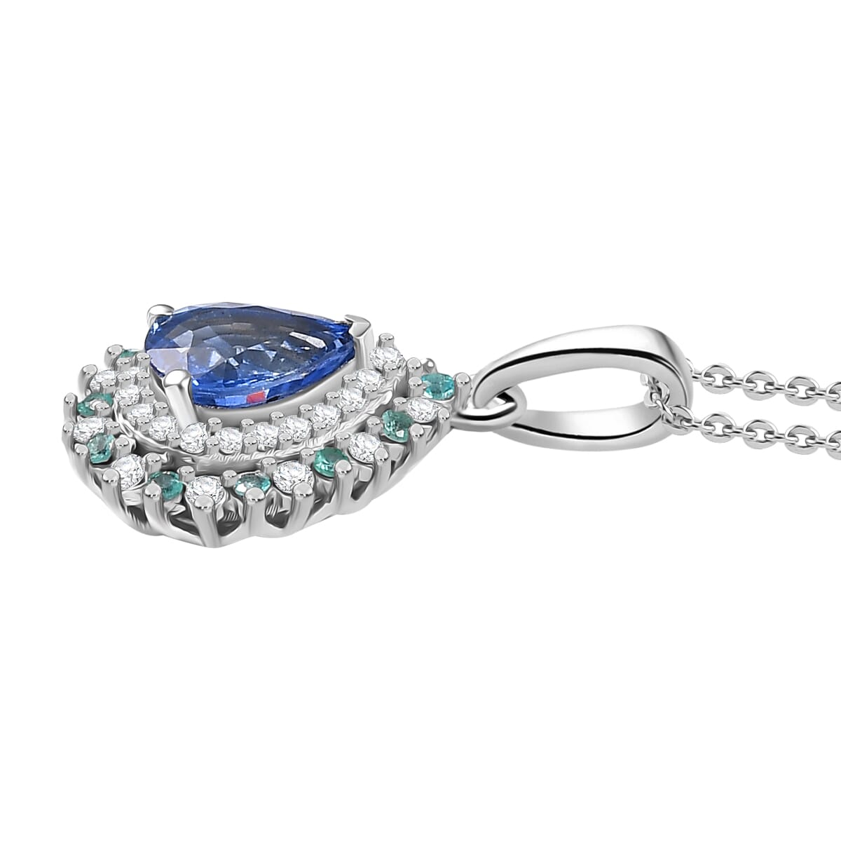 Premium Ceylon Blue Sapphire, AAA Paraiba Tourmaline and Diamond 1.17 ctw Pendant Necklace in Rhodium Over Sterling Silver 20 Inches (Del. In 12-15 Days) image number 3