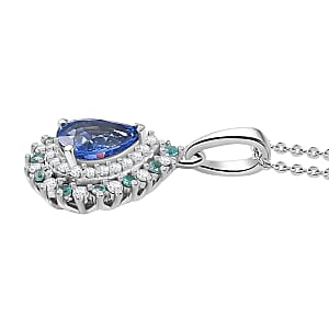 Premium Ceylon Blue Sapphire, AAA Paraiba Tourmaline and Diamond 1.17 ctw Pendant Necklace in Rhodium Over Sterling Silver 20 Inches