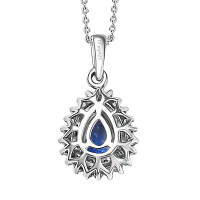 Premium Ceylon Blue Sapphire, AAA Paraiba Tourmaline and Diamond 1.17 ctw Pendant Necklace in Rhodium Over Sterling Silver 20 Inches