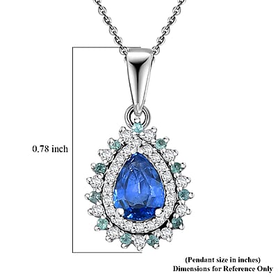 Premium Ceylon Blue Sapphire, AAA Paraiba Tourmaline and Diamond 1.17 ctw Pendant Necklace in Rhodium Over Sterling Silver 20 Inches