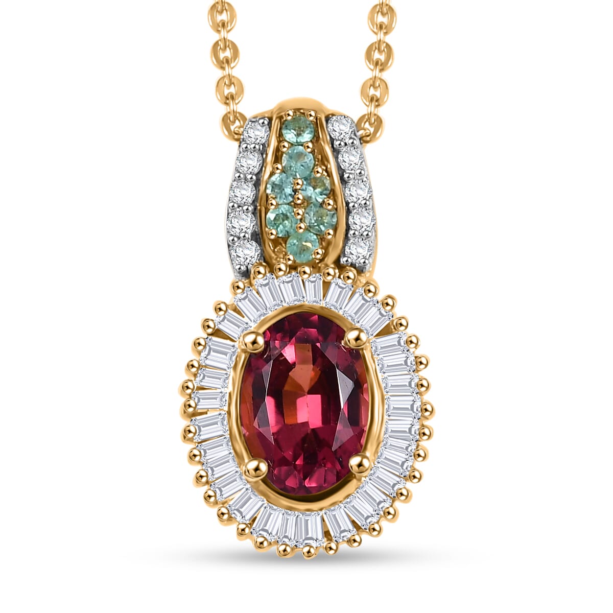 Premium Ouro Fino Rubellite, AAA Paraiba Tourmaline and Diamond 1.08 ctw Halo Pendant Necklace in 18K Vermeil Yellow Gold Over Sterling Silver 20 Inches (Del. In 12-15 Days) image number 0