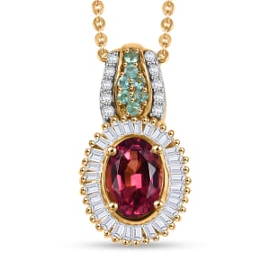 Premium Ouro Fino Rubellite, AAA Paraiba Tourmaline and Diamond 1.08 ctw Halo Pendant Necklace in 18K Vermeil Yellow Gold Over Sterling Silver 20 Inches (Del. In 12-15 Days)