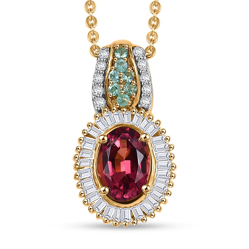 Premium Ouro Fino Rubellite, AAA Paraiba Tourmaline and Diamond 1.08 ctw Halo Pendant Necklace in 18K Vermeil Yellow Gold Over Sterling Silver 20 Inches