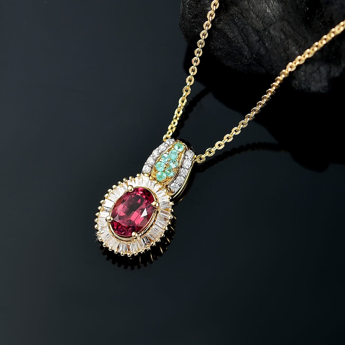 Premium Ouro Fino Rubellite, AAA Paraiba Tourmaline and Diamond 1.08 ctw Halo Pendant Necklace in 18K Vermeil Yellow Gold Over Sterling Silver 20 Inches (Del. In 12-15 Days) image number 1