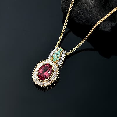 Premium Ouro Fino Rubellite, AAA Paraiba Tourmaline and Diamond 1.08 ctw Halo Pendant Necklace in 18K Vermeil Yellow Gold Over Sterling Silver 20 Inches