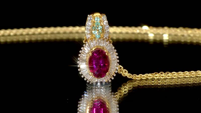 Premium Ouro Fino Rubellite, AAA Paraiba Tourmaline and Diamond 1.08 ctw Halo Pendant Necklace in 18K Vermeil Yellow Gold Over Sterling Silver 20 Inches