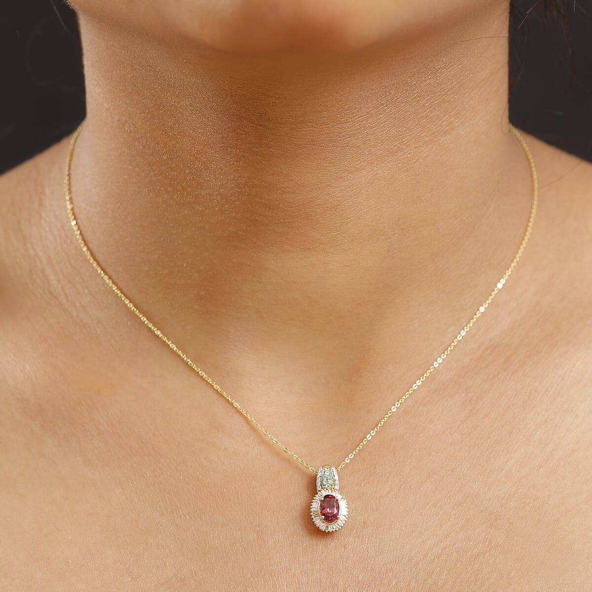 Premium Ouro Fino Rubellite, AAA Paraiba Tourmaline and Diamond 1.08 ctw Halo Pendant Necklace in 18K Vermeil Yellow Gold Over Sterling Silver 20 Inches (Del. In 12-15 Days) image number 2