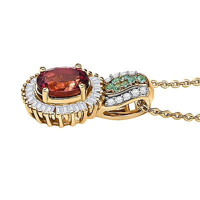 Premium Ouro Fino Rubellite, AAA Paraiba Tourmaline and Diamond 1.08 ctw Halo Pendant Necklace in 18K Vermeil Yellow Gold Over Sterling Silver 20 Inches