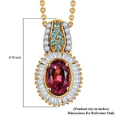 Premium Ouro Fino Rubellite, AAA Paraiba Tourmaline and Diamond 1.08 ctw Halo Pendant Necklace in 18K Vermeil Yellow Gold Over Sterling Silver 20 Inches
