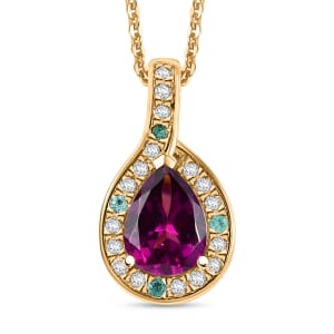 AAA Radiant Ember Garnet, AAA Paraiba Tourmaline and Diamond 1.70 ctw Dewdrop Pendant Necklace in 18K Vermeil Yellow Gold Over Sterling Silver 20 Inches
