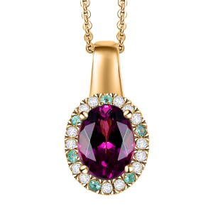 AAA Radiant Ember Garnet, AAA Paraiba Tourmaline and Diamond 1.80 ctw Dewdrop Pendant Necklace in 18K Vermeil Yellow Gold Over Sterling Silver 20 Inches (Del. In 12-15 Days)