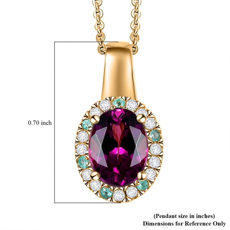 AAA Radiant Ember Garnet, AAA Paraiba Tourmaline and Diamond 1.80 ctw Dewdrop Pendant Necklace in 18K Vermeil Yellow Gold Over Sterling Silver 20 Inches
