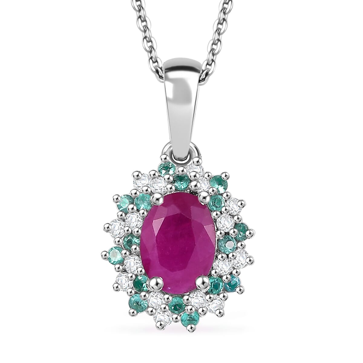 Mozambique Ruby, AAA Paraiba Tourmaline and Diamond I3 1.30 ctw Floral Pendant Necklace in Rhodium Over Sterling Silver 20 Inches image number 0
