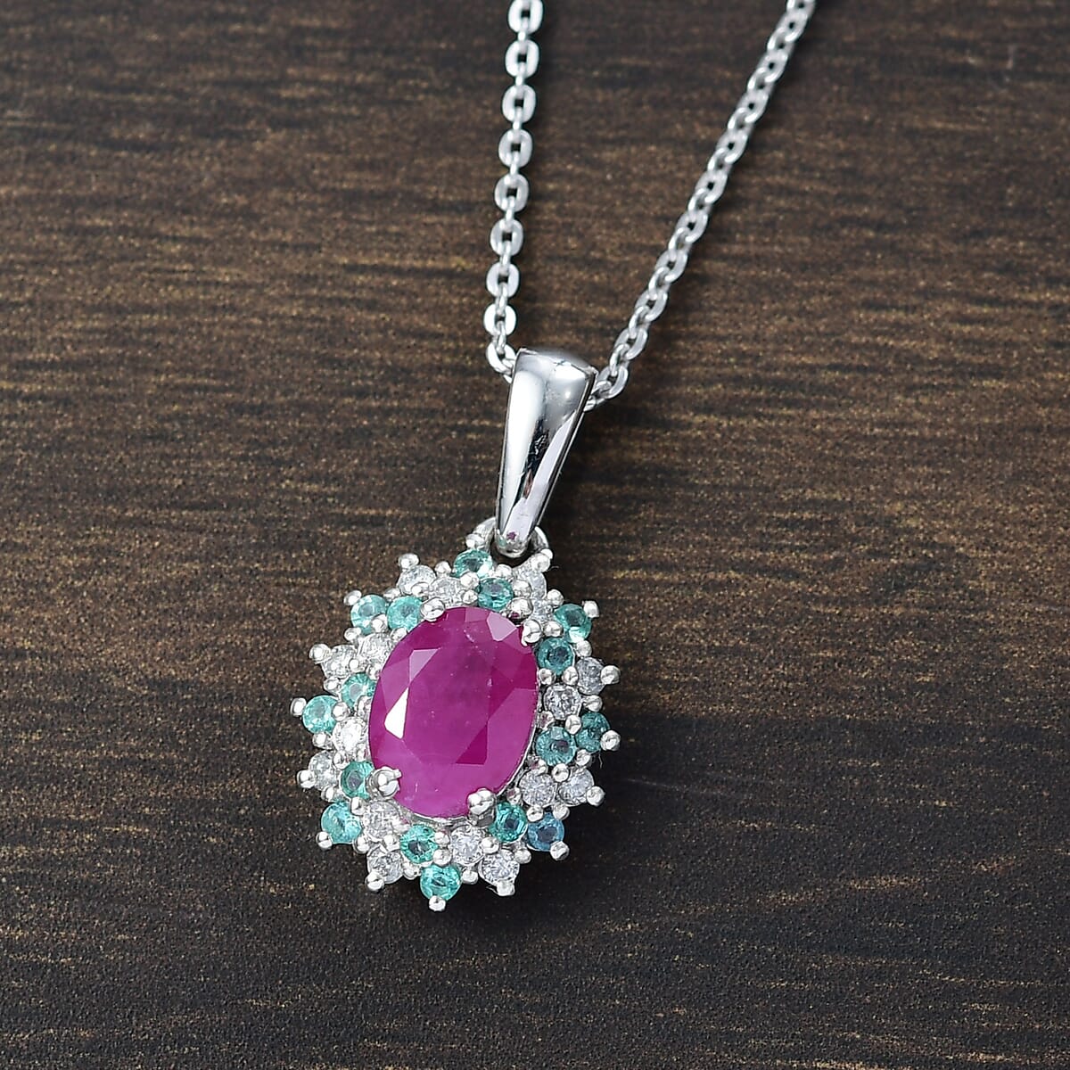 Mozambique Ruby, AAA Paraiba Tourmaline and Diamond I3 1.30 ctw Floral Pendant Necklace in Rhodium Over Sterling Silver 20 Inches image number 1