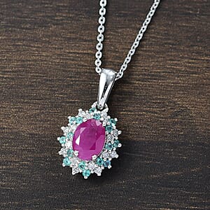 D'Joy Mozambique Ruby, AAA Paraiba Tourmaline and Diamond I3 1.30 ctw Floral Pendant Necklace in Rhodium Over Sterling Silver 20 Inches