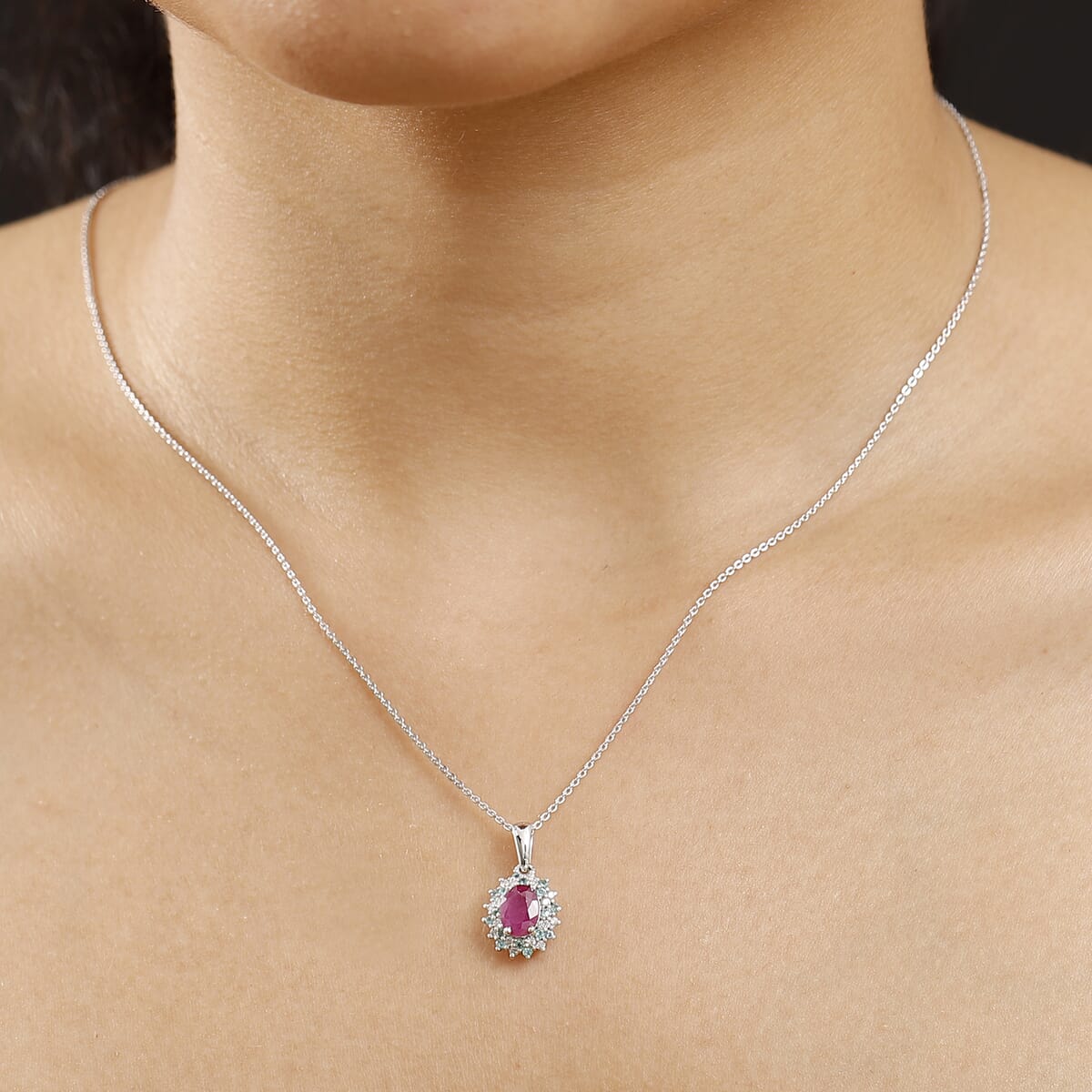Mozambique Ruby, AAA Paraiba Tourmaline and Diamond I3 1.30 ctw Floral Pendant Necklace in Rhodium Over Sterling Silver 20 Inches image number 2