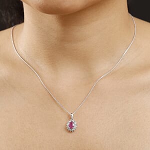 D'Joy Mozambique Ruby, AAA Paraiba Tourmaline and Diamond I3 1.30 ctw Floral Pendant Necklace in Rhodium Over Sterling Silver 20 Inches