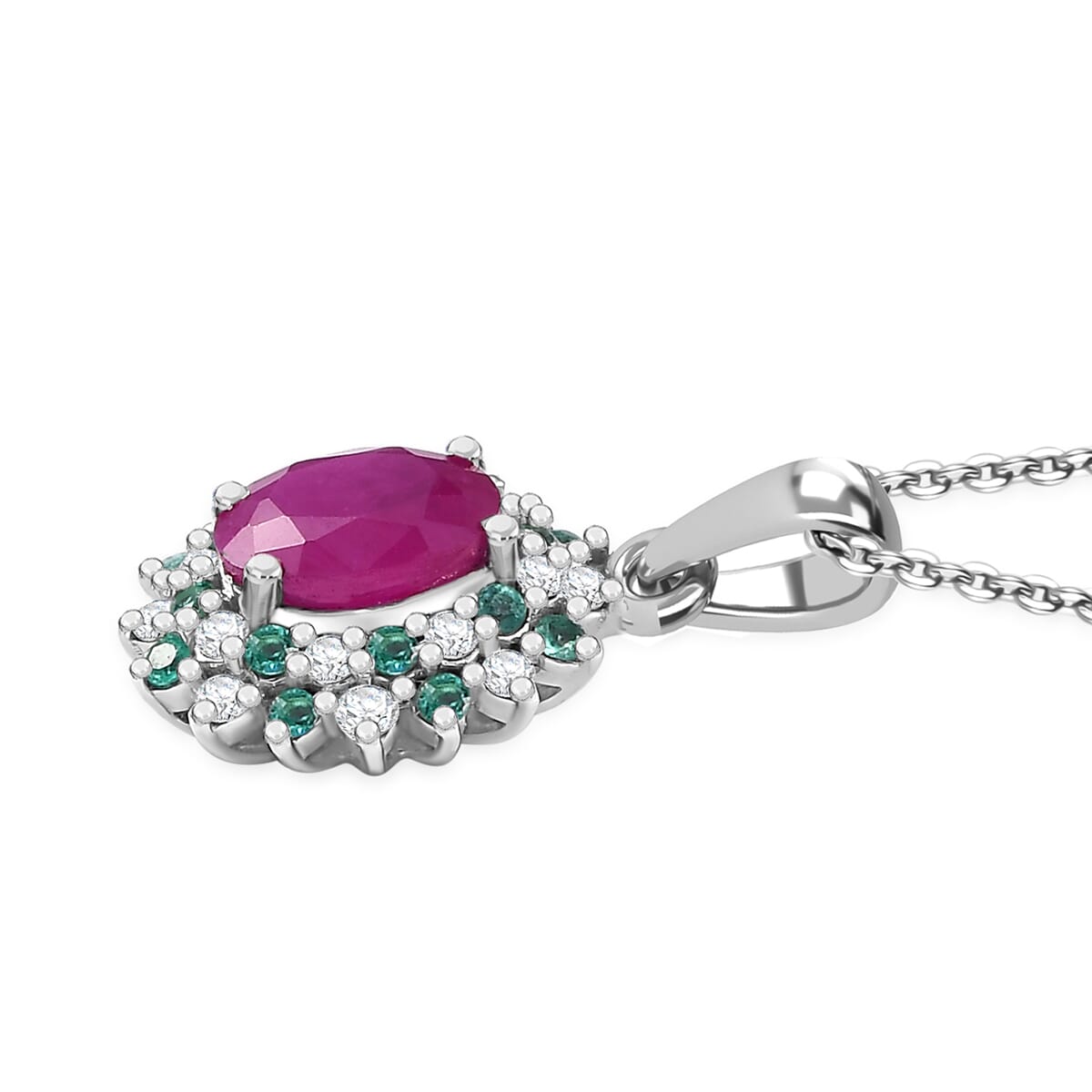Mozambique Ruby, AAA Paraiba Tourmaline and Diamond I3 1.30 ctw Floral Pendant Necklace in Rhodium Over Sterling Silver 20 Inches image number 3