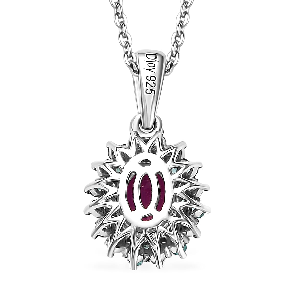 D'Joy Mozambique Ruby, AAA Paraiba Tourmaline and Diamond I3 1.30 ctw Floral Pendant Necklace in Rhodium Over Sterling Silver 20 Inches
