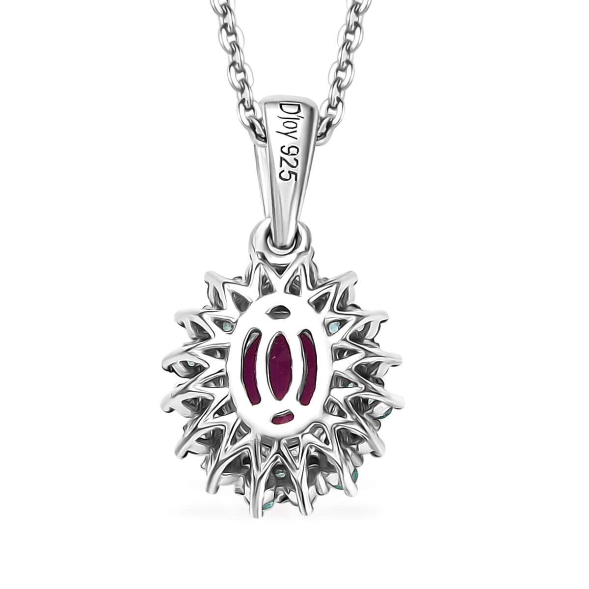 Mozambique Ruby, AAA Paraiba Tourmaline and Diamond I3 1.30 ctw Floral Pendant Necklace in Rhodium Over Sterling Silver 20 Inches image number 4