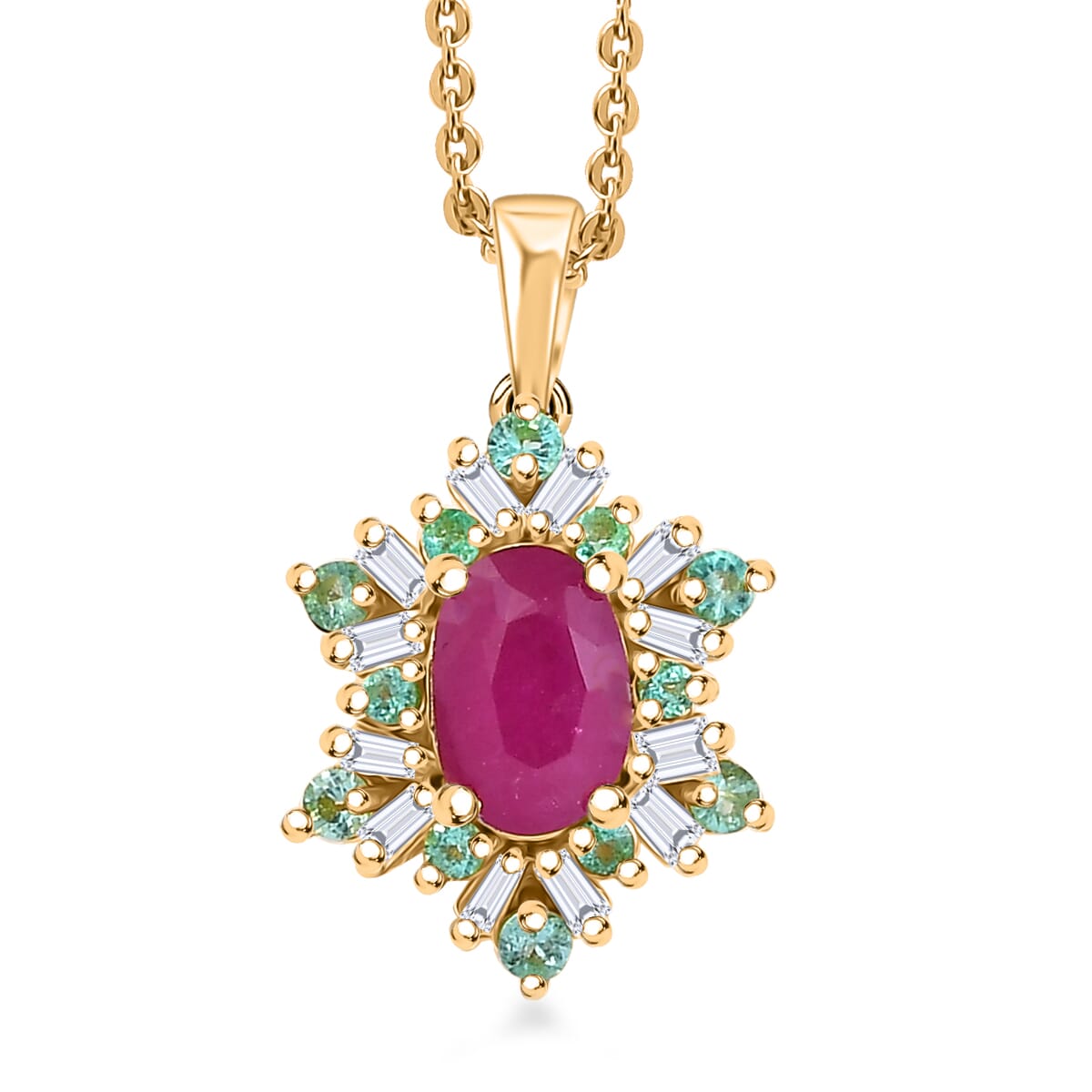 Premium Royal Ruby, AAA Paraiba Tourmaline and I3 Diamond 0.75 ctw Sunburst Pendant Necklace in 18K Vermeil Yellow Gold Over Sterling Silver 20 Inches image number 0