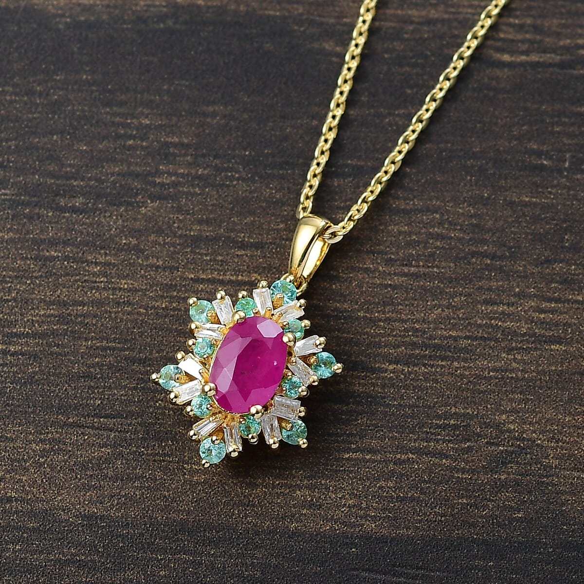 Premium Royal Ruby, AAA Paraiba Tourmaline and I3 Diamond 0.75 ctw Sunburst Pendant Necklace in 18K Vermeil Yellow Gold Over Sterling Silver 20 Inches image number 1