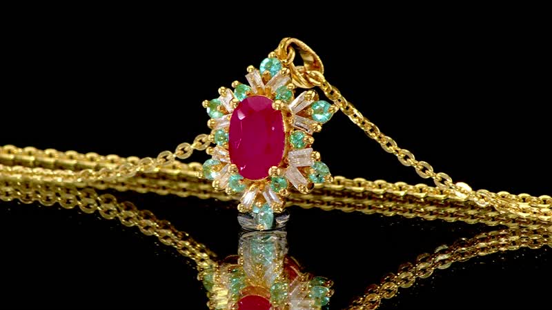 Premium Royal Ruby, AAA Paraiba Tourmaline and I3 Diamond 0.75 ctw Sunburst Pendant Necklace in 18K Vermeil Yellow Gold Over Sterling Silver 20 Inches