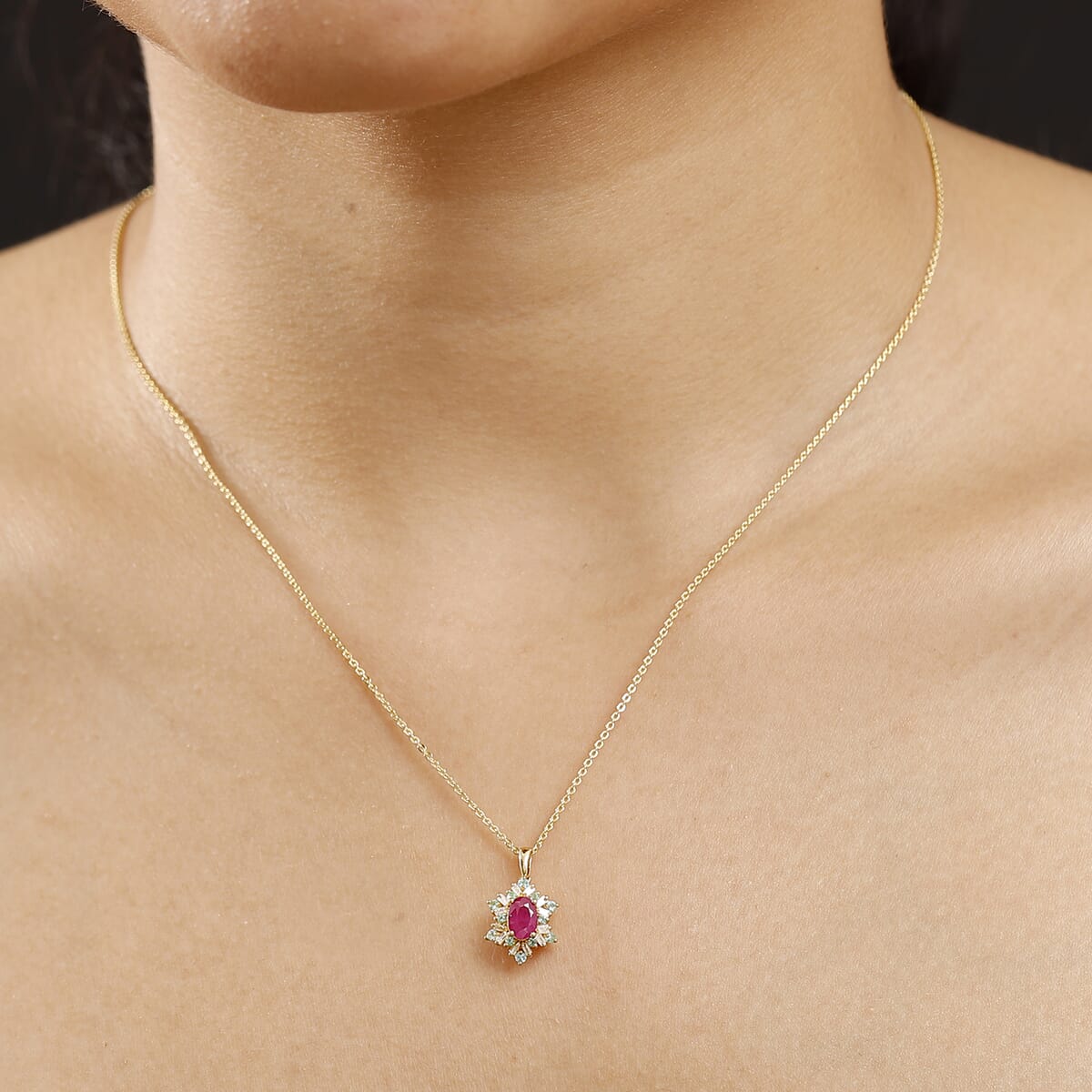 Premium Royal Ruby, AAA Paraiba Tourmaline and I3 Diamond 0.75 ctw Sunburst Pendant Necklace in 18K Vermeil Yellow Gold Over Sterling Silver 20 Inches image number 2