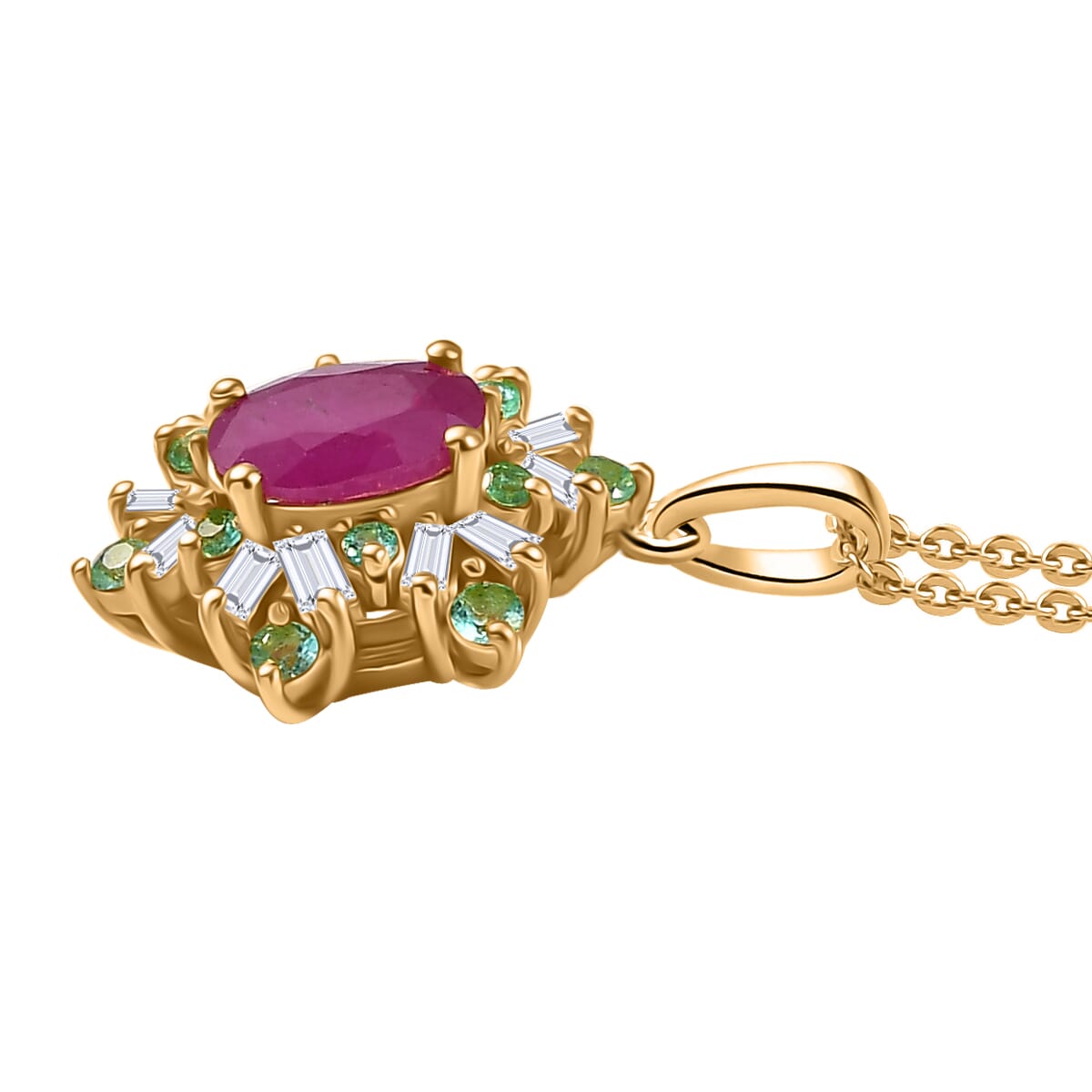 Premium Royal Ruby, AAA Paraiba Tourmaline and I3 Diamond 0.75 ctw Sunburst Pendant Necklace in 18K Vermeil Yellow Gold Over Sterling Silver 20 Inches image number 3