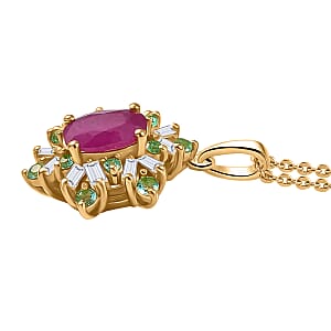 Premium Royal Ruby, AAA Paraiba Tourmaline and I3 Diamond 0.75 ctw Sunburst Pendant Necklace in 18K Vermeil Yellow Gold Over Sterling Silver 20 Inches