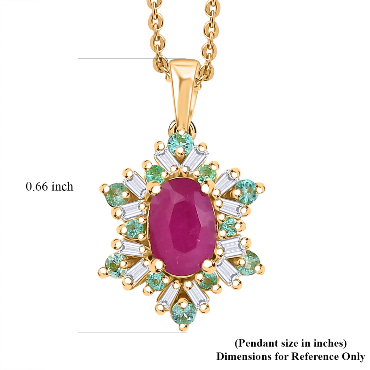 Premium Royal Ruby, AAA Paraiba Tourmaline and I3 Diamond 0.75 ctw Sunburst Pendant Necklace in 18K Vermeil Yellow Gold Over Sterling Silver 20 Inches image number 5