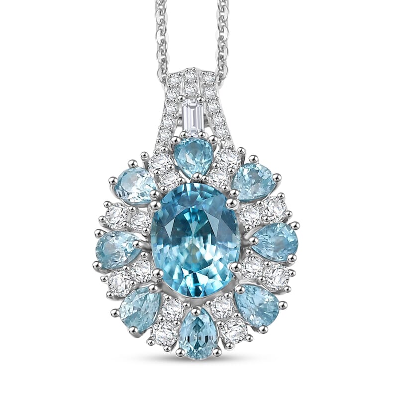D'Joy Cambodian Blue Zircon and White Zircon 5.75 ctw Sunrays Pendant Necklace in Rhodium Over Sterling Silver (20 Inches)
