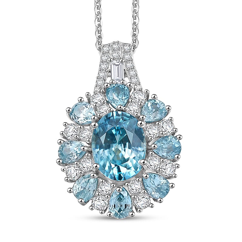 D'Joy Cambodian Blue Zircon and White Zircon 5.75 ctw Pendant Necklace in Rhodium Over Sterling Silver (20 Inches)