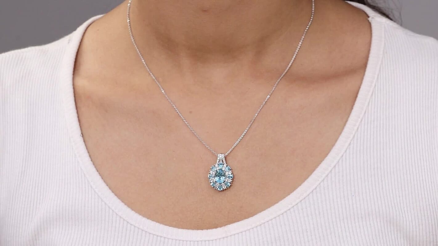 D''Joy Cambodian Blue Zircon, White Zircon Pendant Necklace (20 Inches) in Rhodium Over Sterling Silver 5.75 ctw