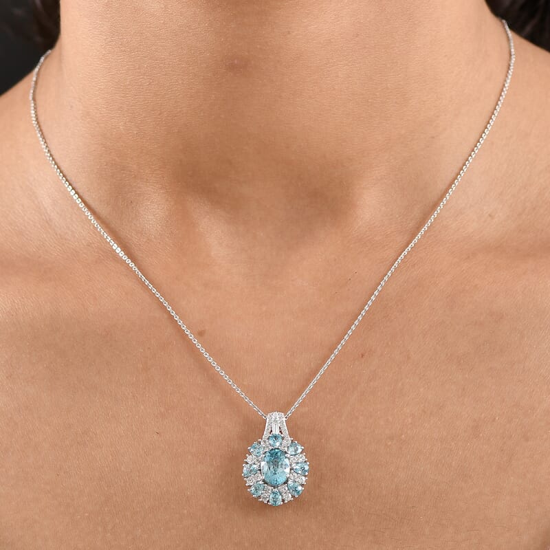 D'Joy Cambodian Blue Zircon and White Zircon 5.75 ctw Sunrays Pendant Necklace in Rhodium Over Sterling Silver (20 Inches)