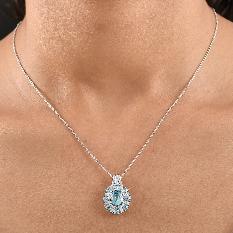 D'Joy Cambodian Blue Zircon and White Zircon 5.75 ctw Pendant Necklace in Rhodium Over Sterling Silver (20 Inches)