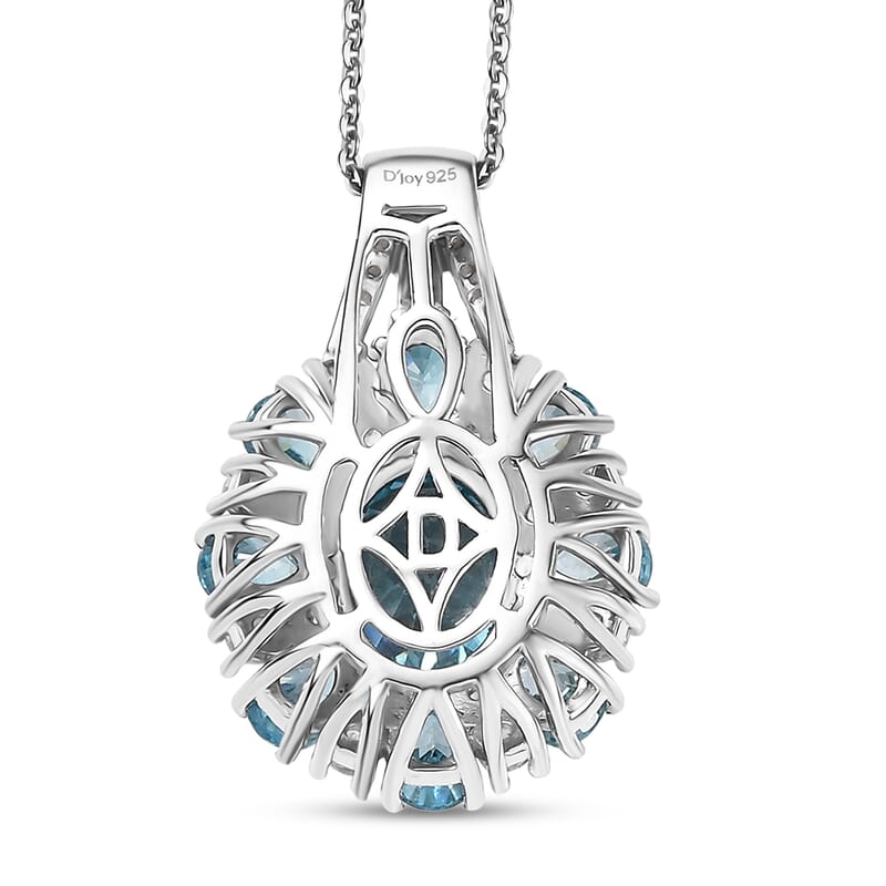 D'Joy Cambodian Blue Zircon and White Zircon 5.75 ctw Sunrays Pendant Necklace in Rhodium Over Sterling Silver (20 Inches)