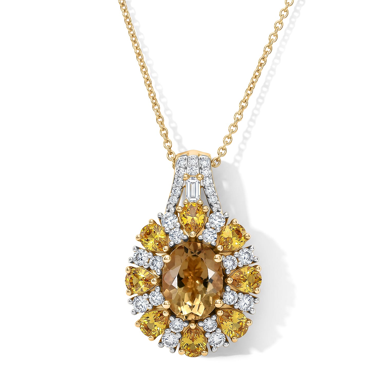 D'Joy Premium Brazilian Heliodor and Multi Gemstone 4.10 ctw Sunrays Pendant Necklace in 18K Vermeil Yellow Gold Over Sterling S