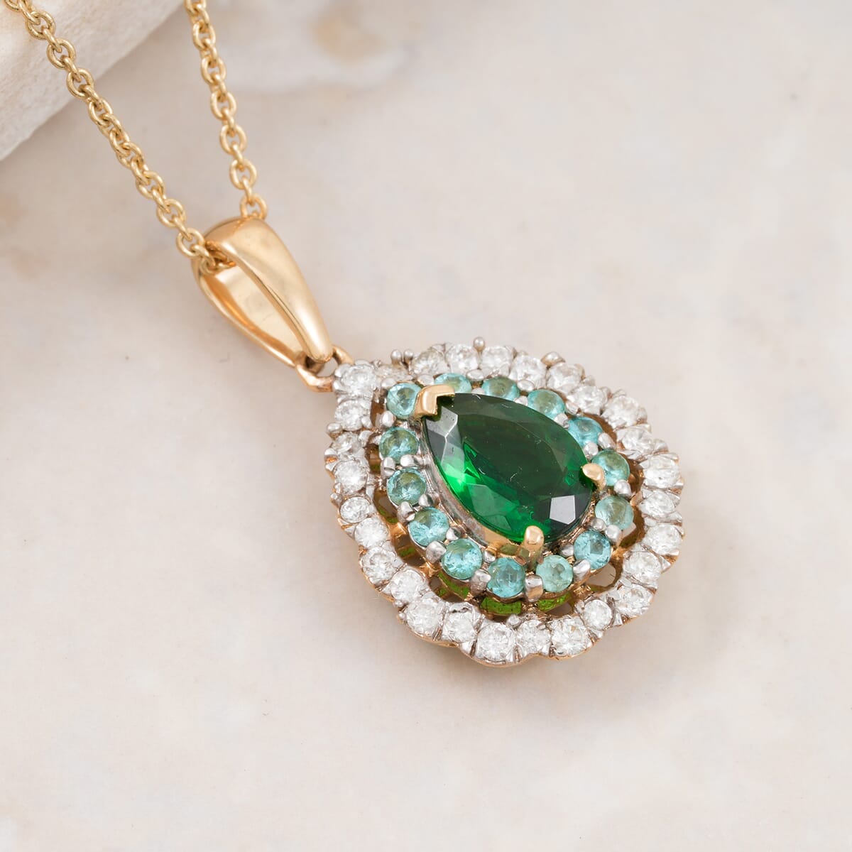 Certified & Appraised Luxoro AAA Tsavorite Garnet, AAAA Paraiba Tourmaline and Diamond E-F I2 1.80 ctw Pendant Necklace in 14K Yellow Gold 20 Inches image number 1