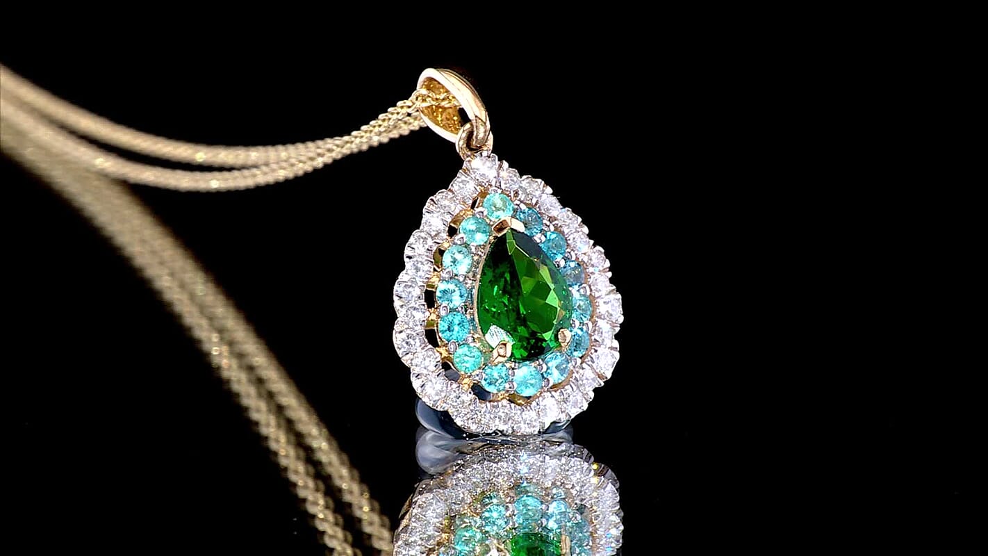 Certified & Appraised Luxoro AAA Tsavorite Garnet, AAAA Paraiba Tourmaline and Diamond E-F I2 1.80 ctw Pendant Necklace in 14K Yellow Gold 20 Inches