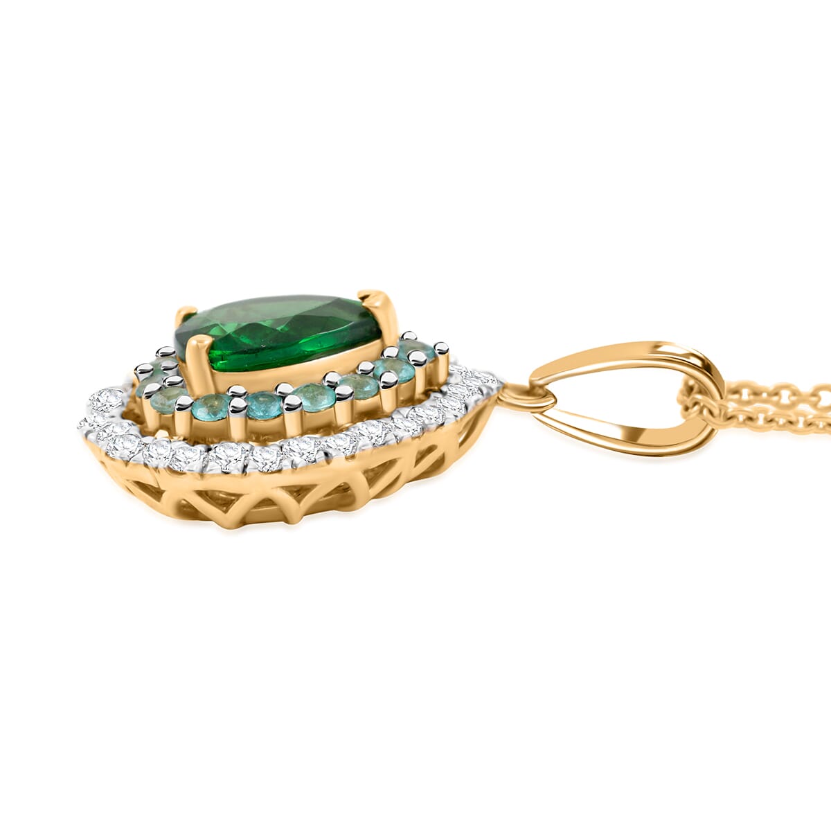 Certified & Appraised Luxoro AAA Tsavorite Garnet, AAAA Paraiba Tourmaline and Diamond E-F I2 1.80 ctw Pendant Necklace in 14K Yellow Gold 20 Inches image number 3