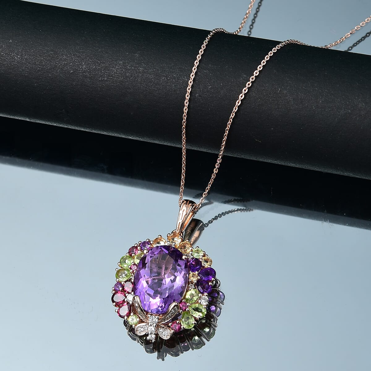 GP Italian Garden Collection Rose De France Amethyst and Multi Gemstone 13.15 ctw Pendant Necklace in 18K Vermeil Rose Gold Over Sterling Silver 20 Inches image number 1